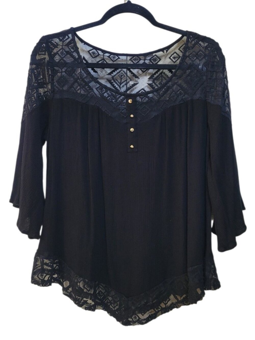 Corvia Black Lace Trim Peasant Blouse Boho Bell Sleeve Asymmetrical Crepe Top L